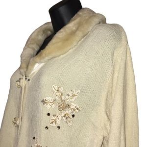 Vintage JTwo New York Chenille Cardigan Sweater w/Sequins/Faux Fur Collar~L
